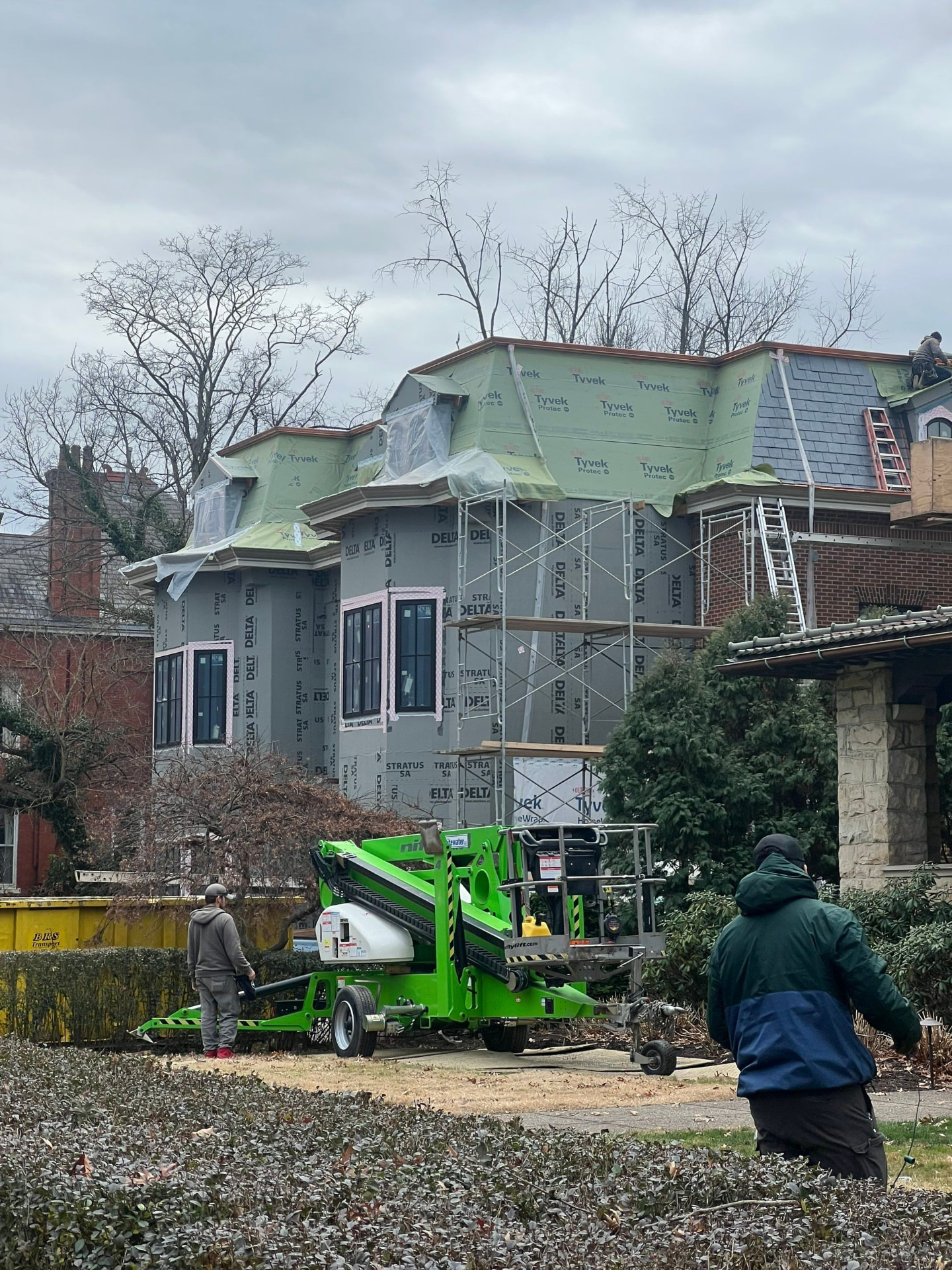 Historic home with slate roof restoration, Tyvek Protec dry-in, scaffolding and a lift on site